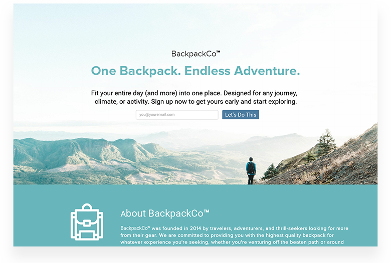 Travel Back Pack Company Landing Page Sample