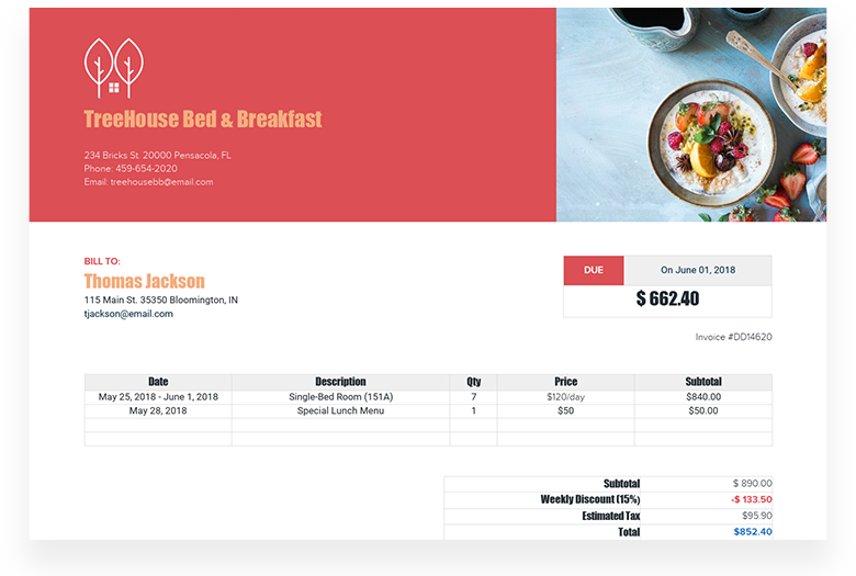 Invoice Template Example Bed Breakfast