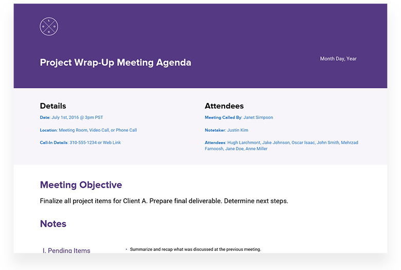 Project Wrap Up Meeting Agenda