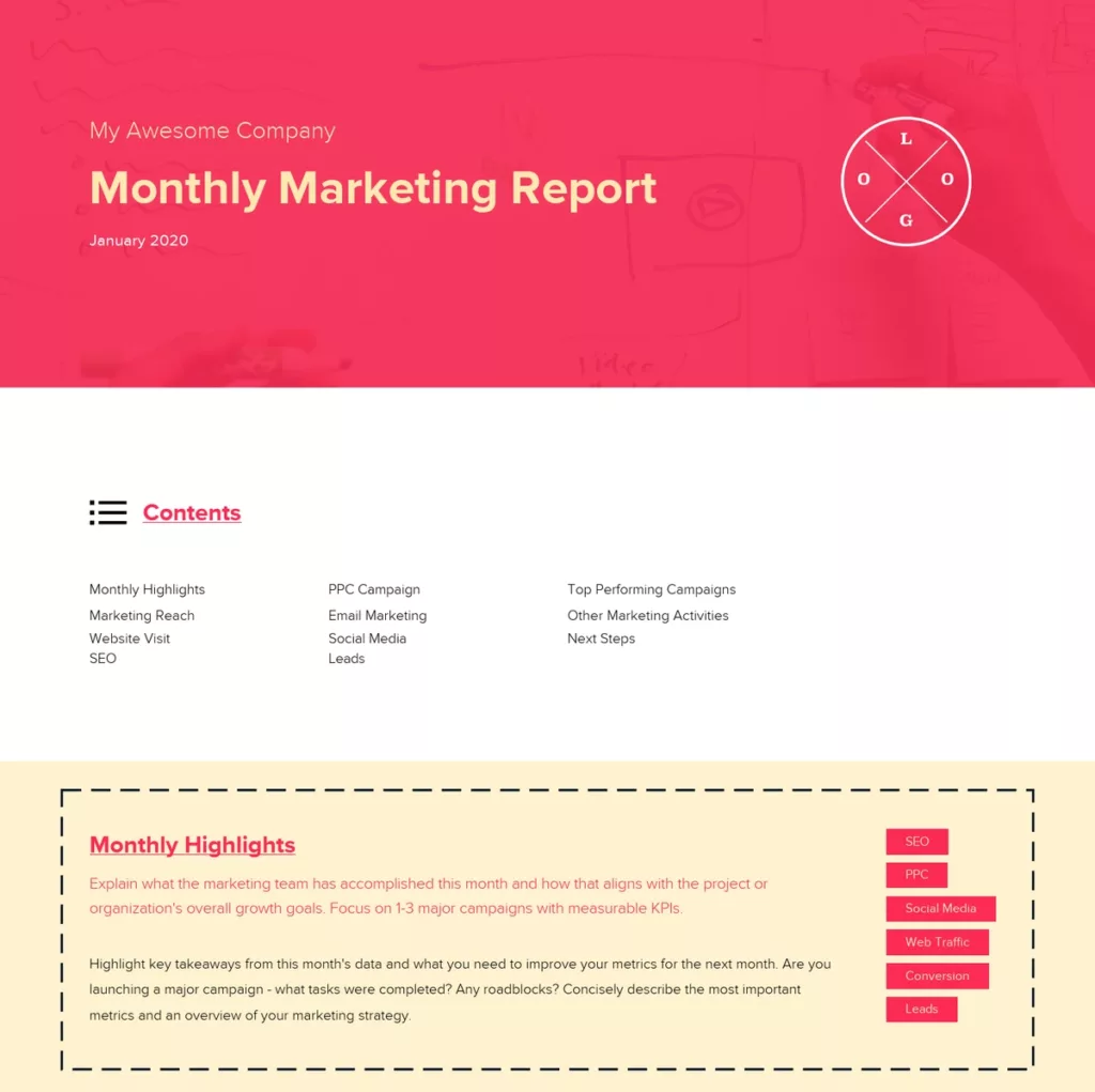 monthly marketing accomplishments, main KPIs , Monthly Marketing Report Template