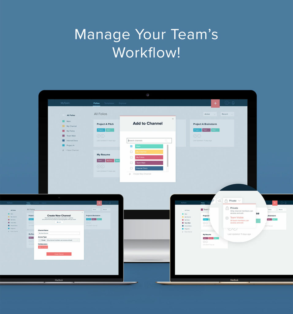 View of Xtensio dashboard with multiple devices showing team management modules