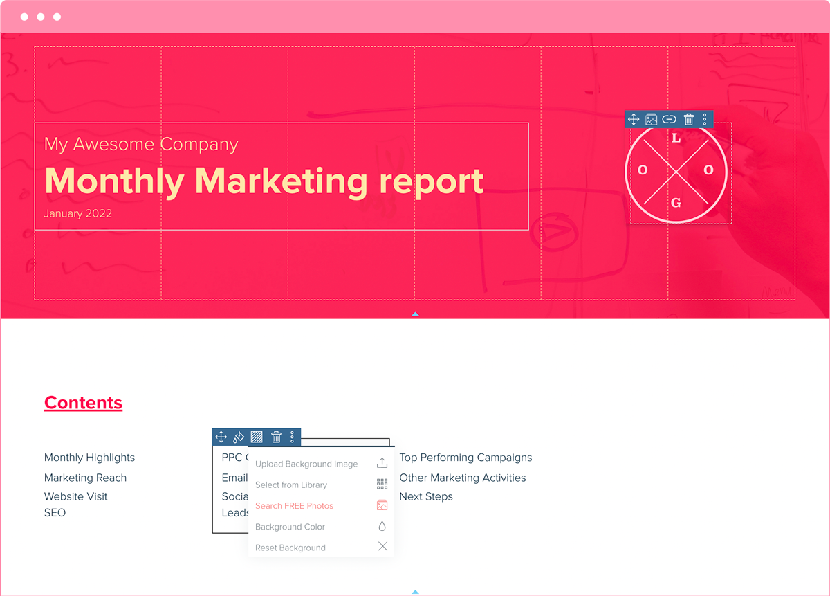 report header and table of contents, Monthly Marketing Report Template