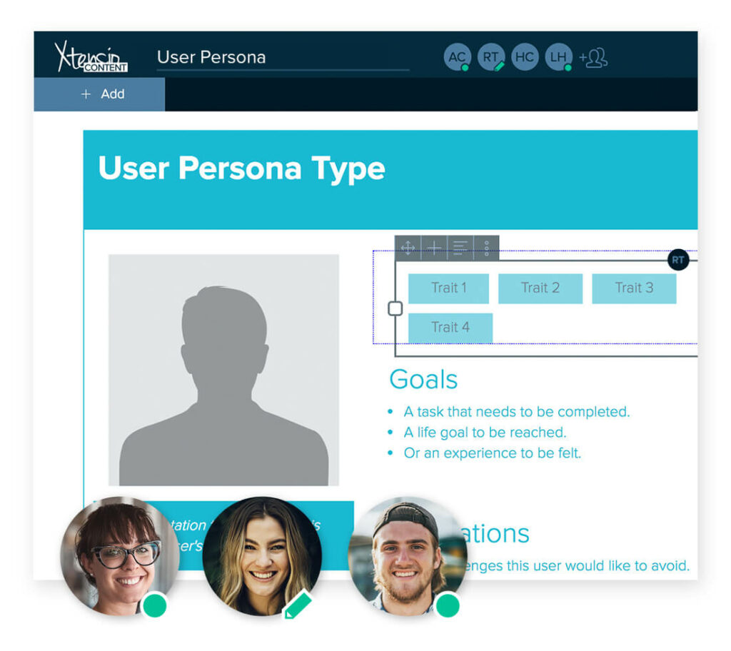 Detailed view of Xtensio´s user persona template with a focus on the labels module and collaboration.
