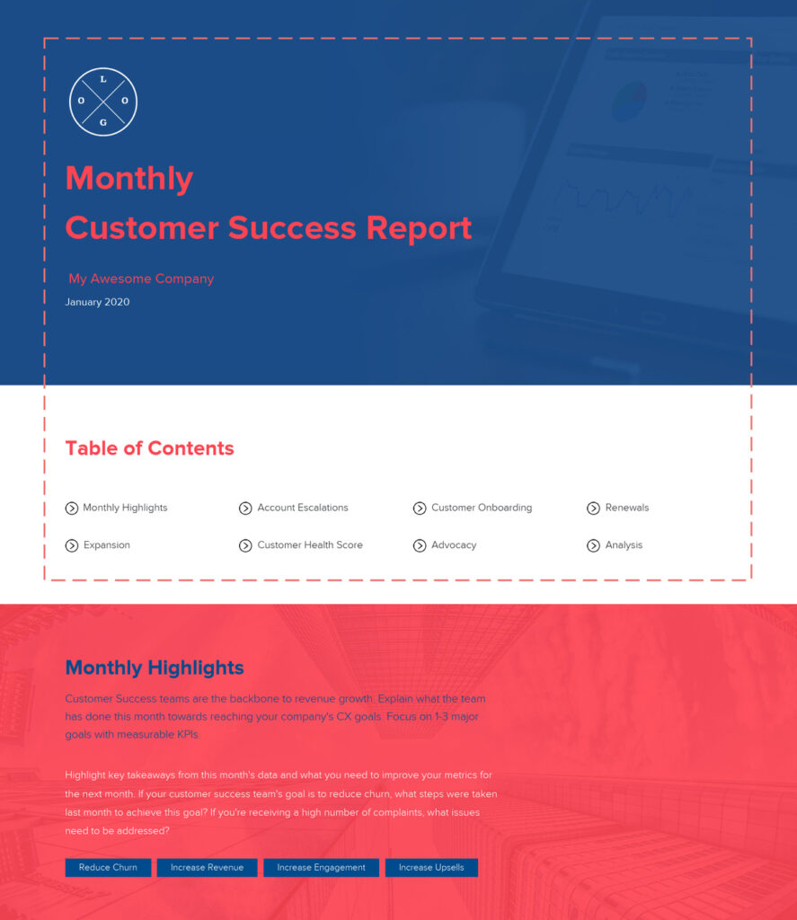 Customer success report header and table of contents
