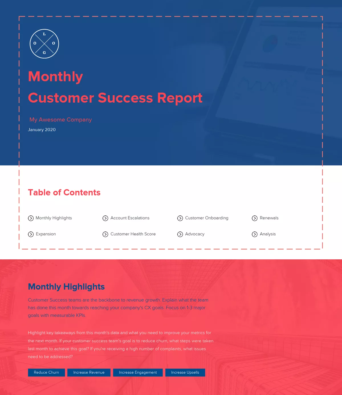 Customer Success Report Header And Table Of Contents