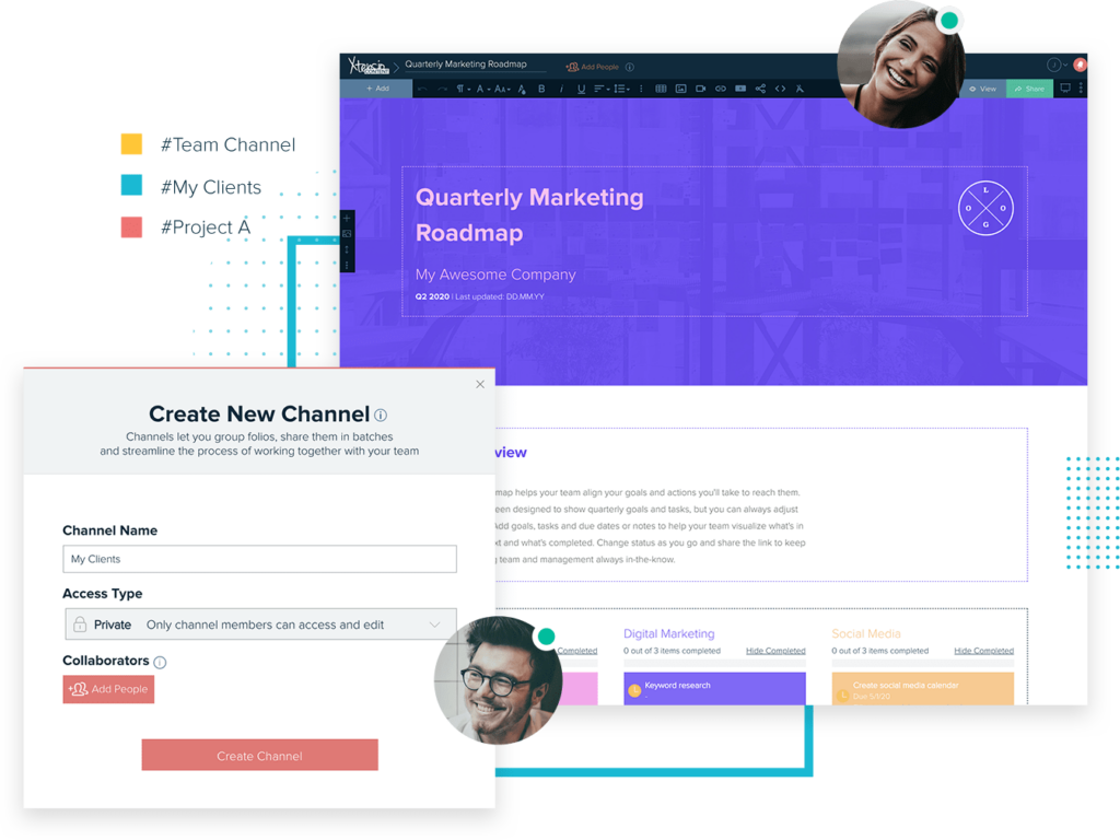 Xtensio dashboard view with quarterly marketing roadmap template and create new channel module among other features