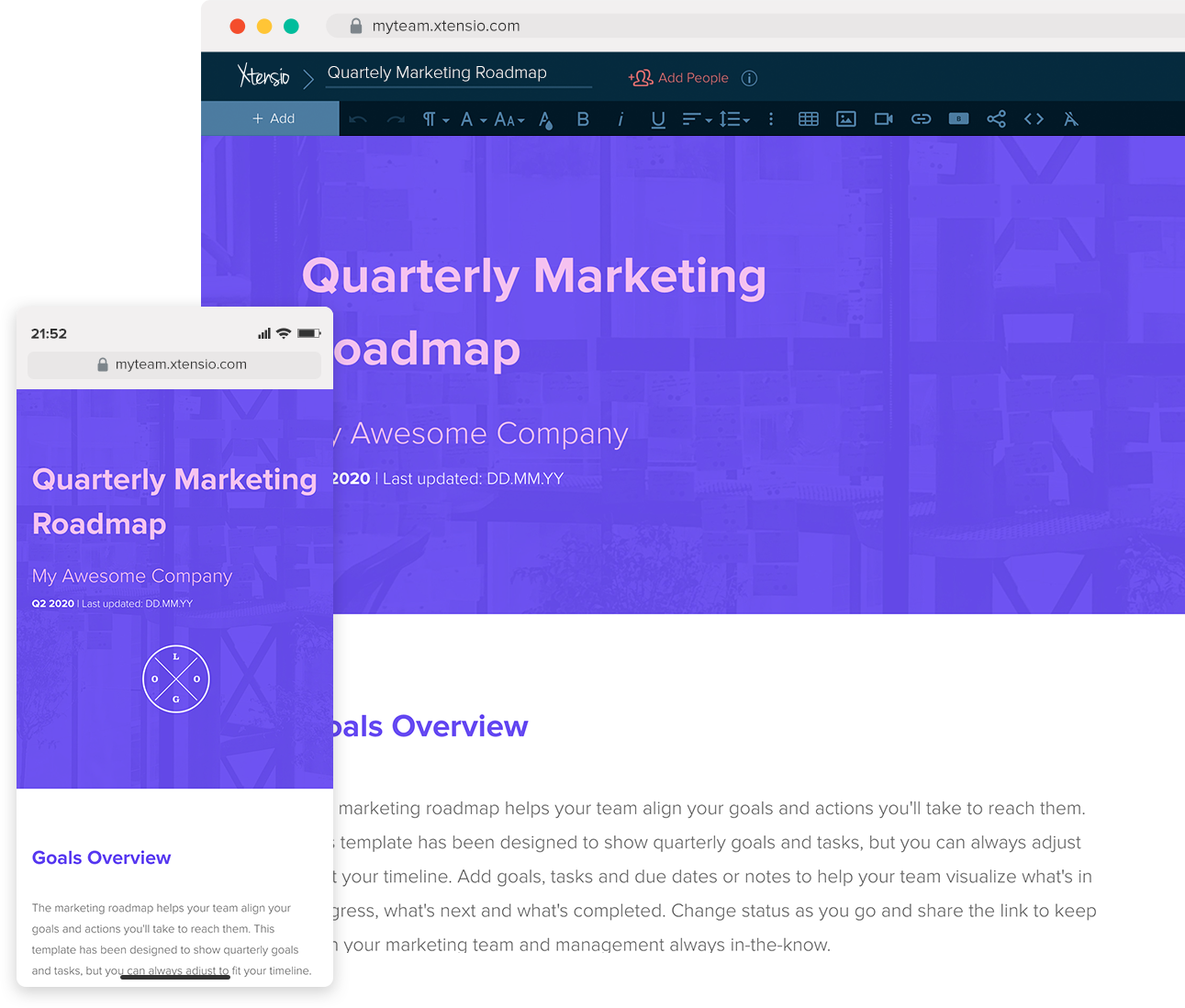 Quarterly Marketing Roadmap Template Desktop and Mobile views