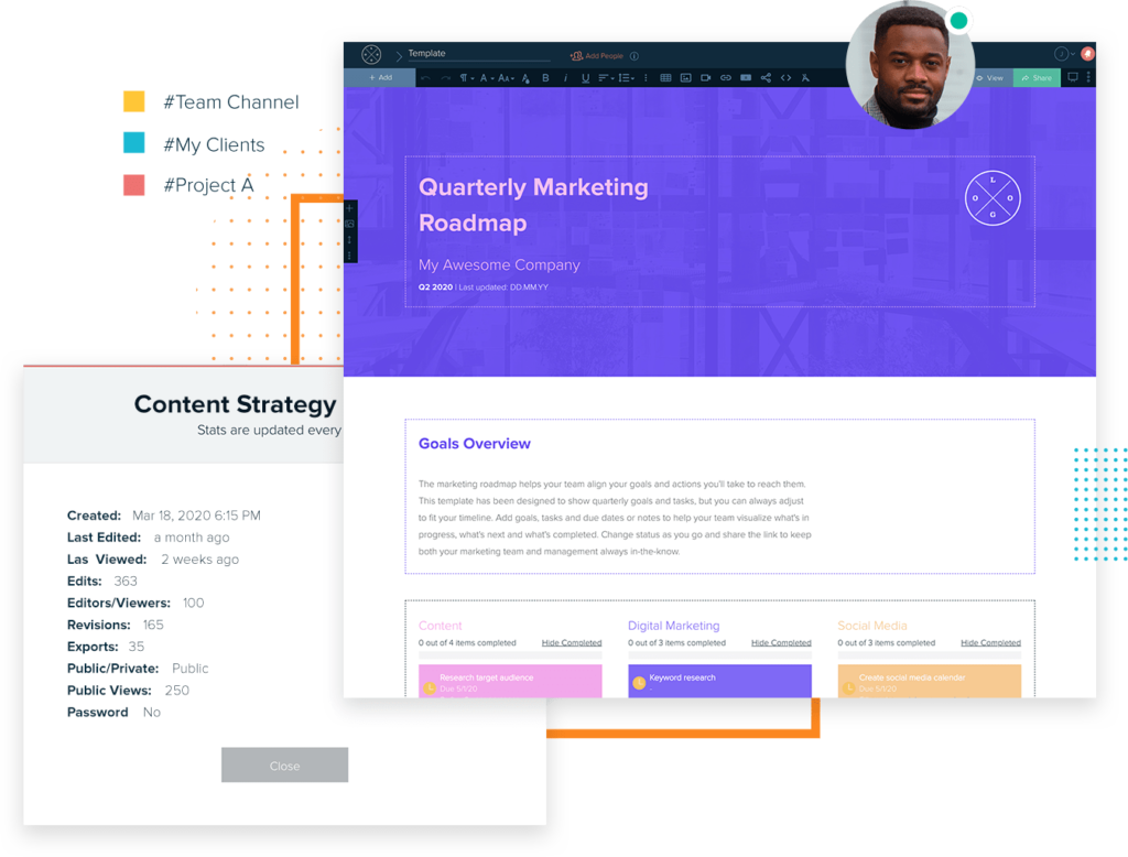 Xtensio dashboard view with Quarterly Marketing Roadmap template, stats module among other features