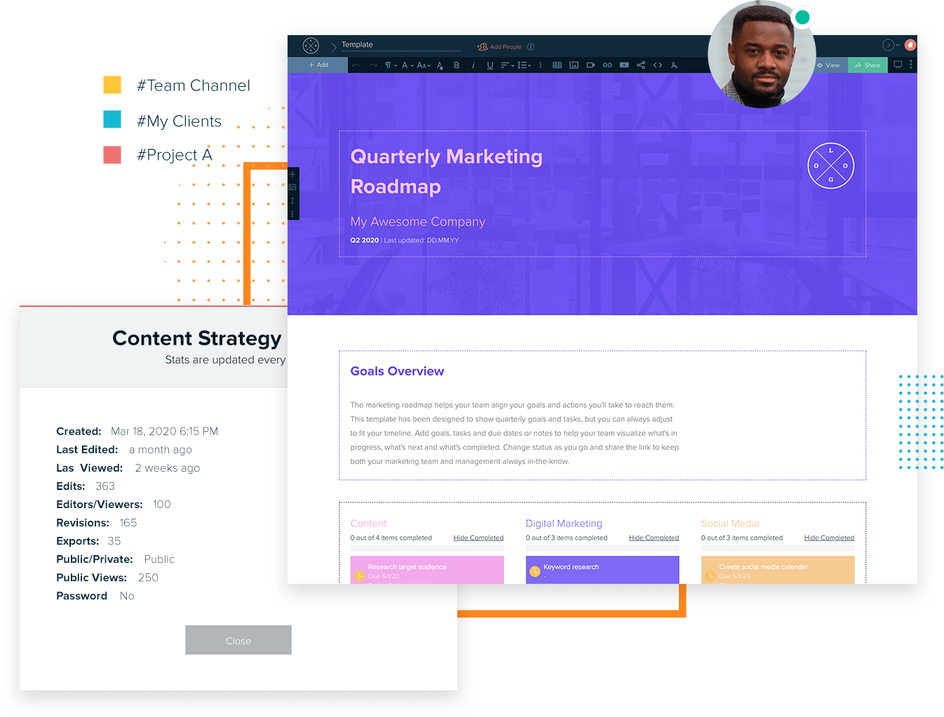Xtensio Dashboard View With Quarterly Marketing Roadmap Template, Stats Module Among Other Features