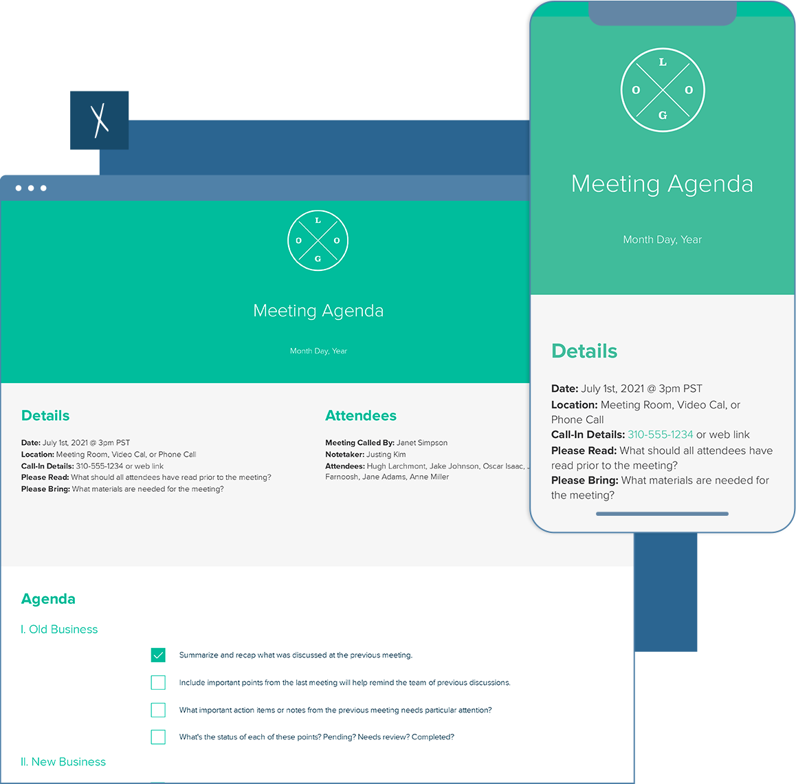 Meeting Agenda Template  | Desktop and Mobile Views