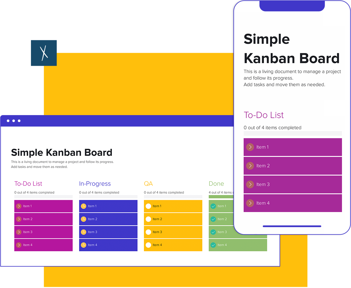 Simple Kanban Board Template  | Desktop and Mobile Views