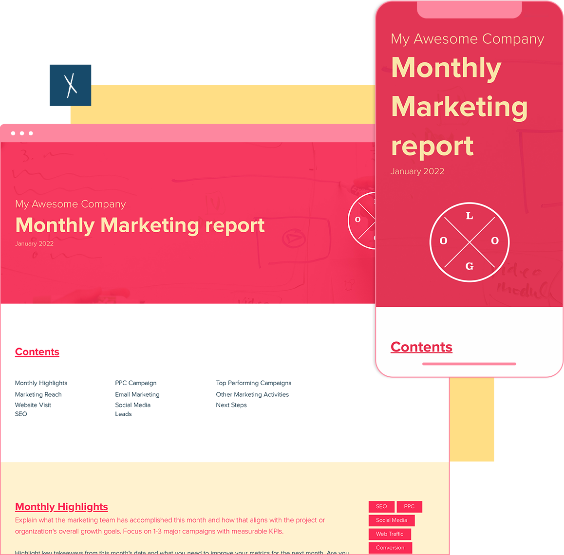 Monthly Marketing Report Template  | Desktop and Mobile Views