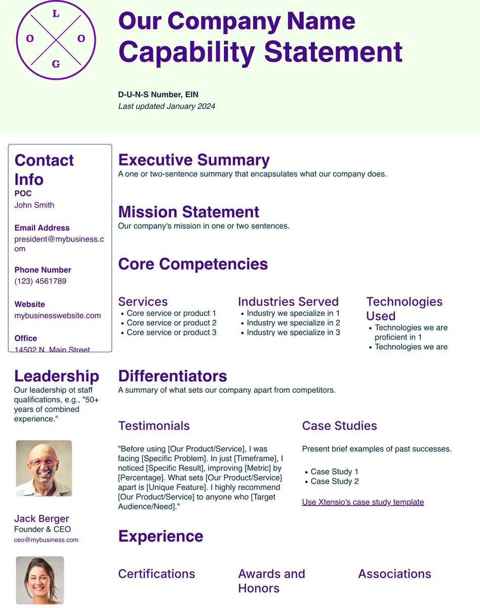 Capability Statement Template In Xtensio With Executive Summary, Mission Statement And Core Competencies