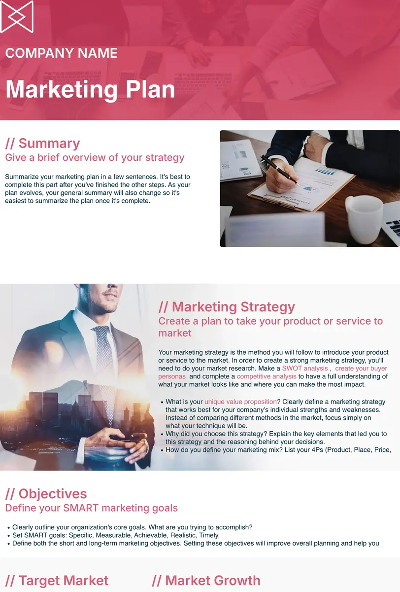 Marketing Plan Template In Xtensio Showing The Strategy Summary And Campaign Sections