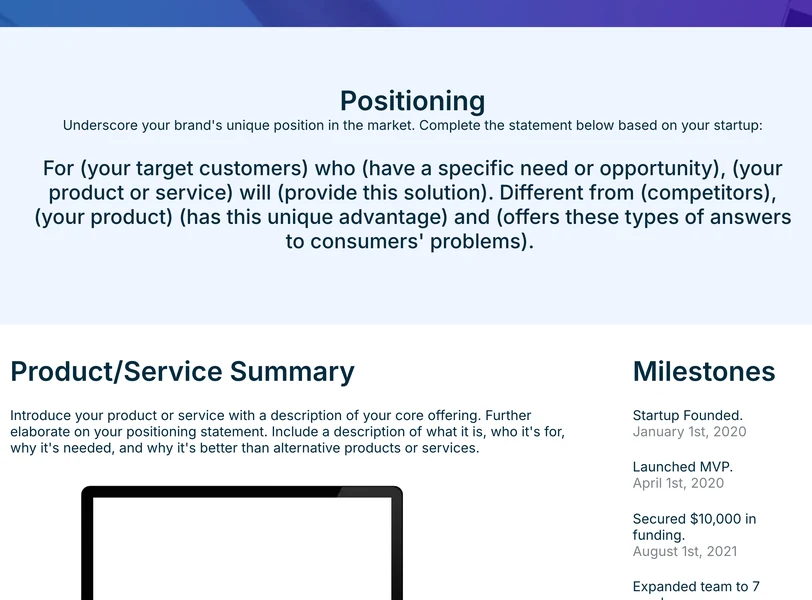 Startup One-Pager Template In Xtensio, Showing The Positioning Section With A Fill-In-The-Blank Statement And Writing Guidance, Above Product Summary And Milestones