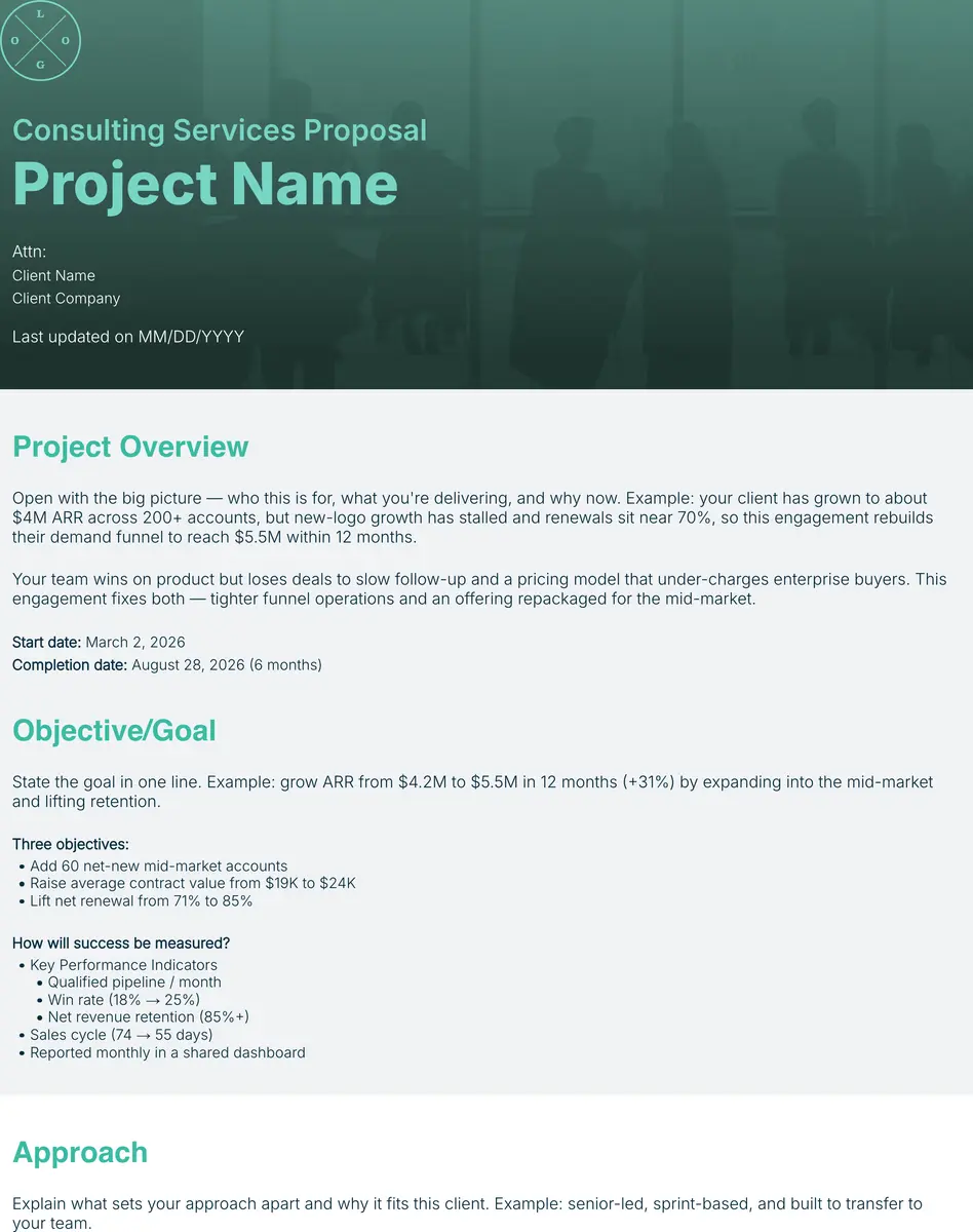 Consulting Services Proposal Template Open In Xtensio, Showing The Project Overview And Objectives Sections With Writing Guidance In Each Block