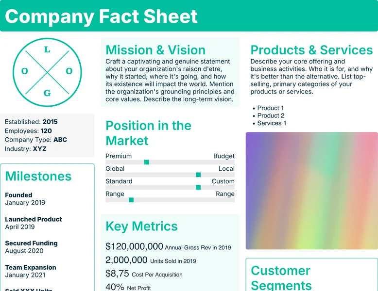 Company Fact Sheet Template In Xtensio Showing Mission, Milestones, Key Metrics And Market Position