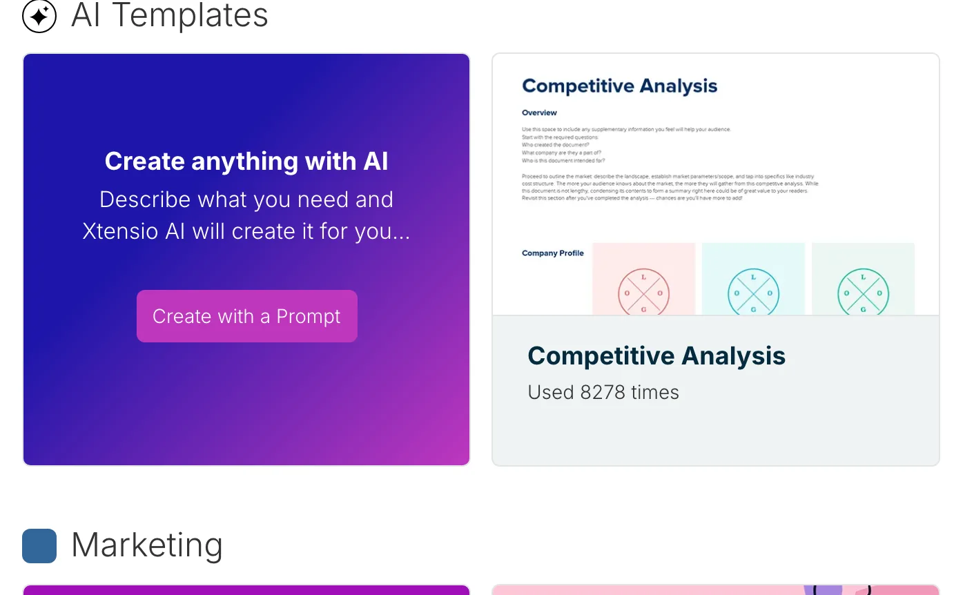 Xtensio's Ai Templates Gallery: A Create Anything With Ai Tile Beside A Competitive Analysis Template Card Used 8,278 Times