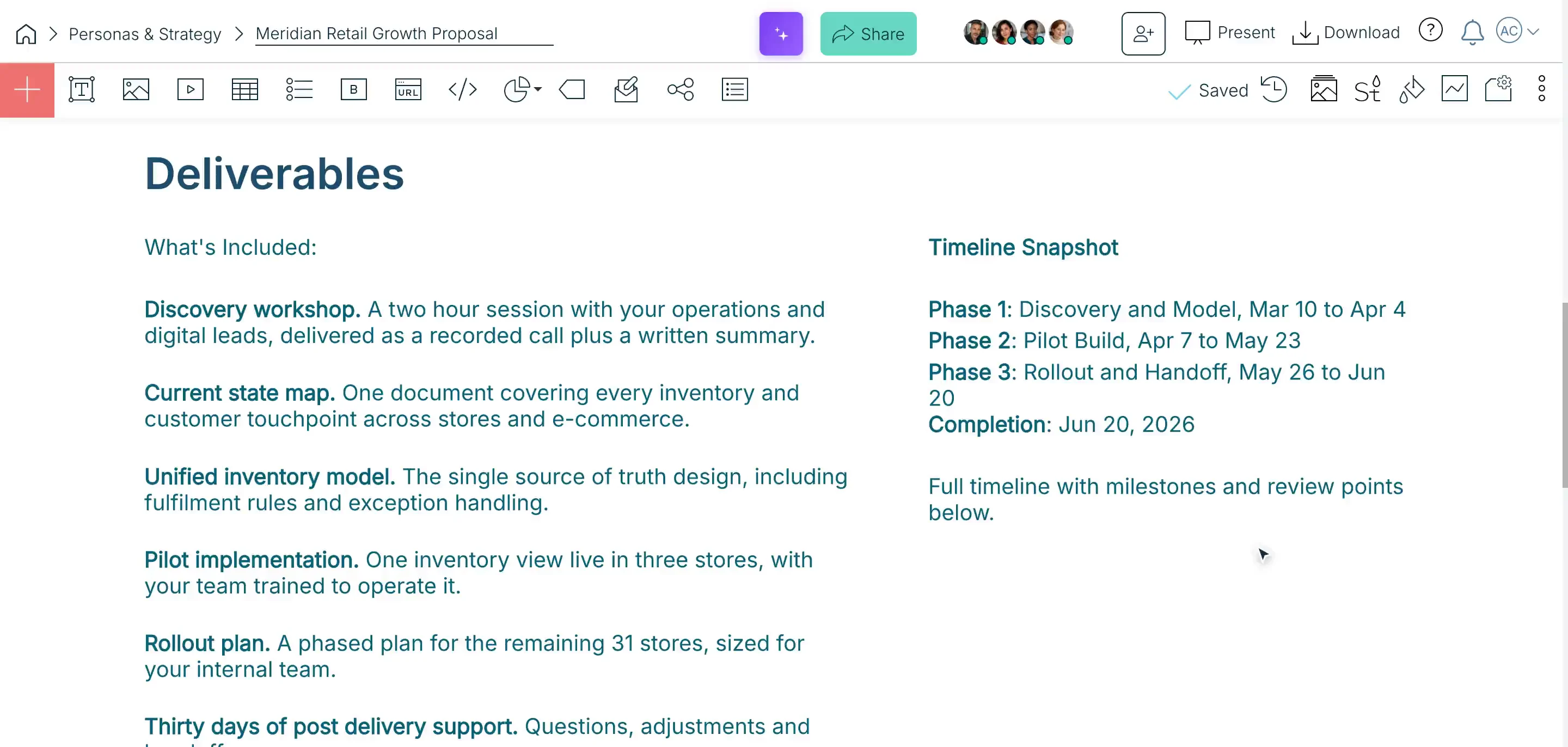 The Xtensio Editor With The Meridian Retail Growth Proposal Open: The Module Toolbar Across The Top, Four Collaborators In The Corner, And The Deliverable Below.