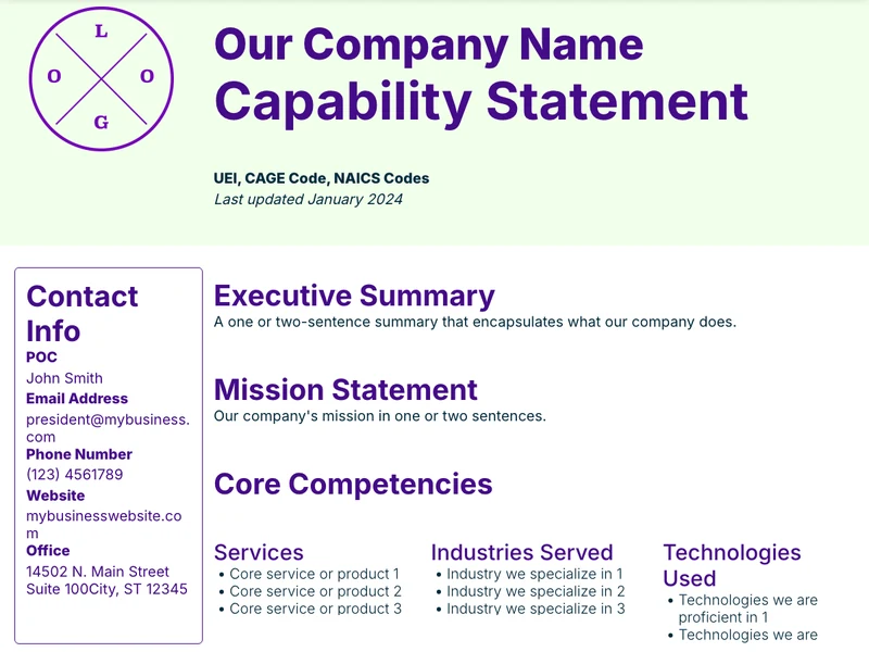 Capability Statement Template Preview In Xtensio Showing Company Snapshot, Core Competencies And Point Of Contact